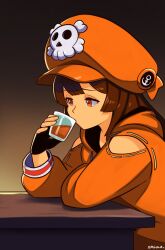 1girl absurdres black_gloves brown_background brown_eyes brown_hair commentary cup drinking english_commentary fingerless_gloves gloves guilty_gear guilty_gear_strive hat highres holding holding_cup hood hoodie long_hair may_(guilty_gear) orange_hat orange_hoodie simple_background sitting smgold solo upper_body