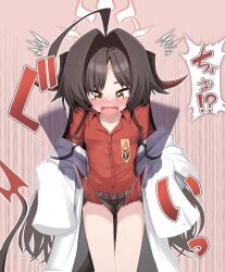 1girl ^^^ ahoge black_hair black_horns black_shorts blue_archive blush breasts coat collared_shirt demon_horns fang halo horns kasumi_(blue_archive) lab_coat long_hair open_mouth red_halo red_shirt sensei_(blue_archive) shirt shirt_tucked_in shorts simple_background small_breasts solo_focus speech_bubble stonewill surprised tail translation_request white_coat yellow_eyes