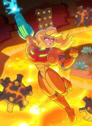 1girl arm_cannon blonde_hair blue_eyes breasts highres juicyartz large_breasts long_hair looking_to_the_side metroid metroid_prime metroid_prime_1 nintendo ponytail power_suit_(metroid) puffer_(metroid) samus_aran smile thick_thighs thighs toon_(style) varia_suit weapon wide_hips zoomer_(metroid)