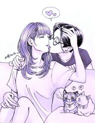 ! 2girls artist_name cat cat_loaf closed_eyes commentary_request couch genkakuramune glasses greyscale heart highres kiss long_hair monochrome multiple_girls on_couch original parted_lips shirt short_hair short_sleeves sitting smile spoken_exclamation_mark spoken_heart traditional_media yuri