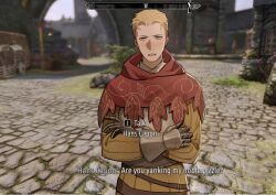 1boy armor armored_gloves blonde_hair blue_eyes blurry blurry_background blush breastplate cape commentary crossed_arms english_commentary english_text hans_capon highres jacket kingdom_come:_deliverance kingdom_come:_deliverance_ii looking_at_viewer male_focus open_mouth red_cape screenshot_background short_hair solo teeth the_elder_scrolls the_elder_scrolls_v:_skyrim tworain_w upper_body upper_teeth_only yellow_jacket