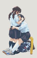2girls absurdres arms_around_waist bag black_hair blue_eyes brown_hair hand_in_another&#039;s_hair highres hug kneehighs long_hair looking_at_another looking_down m_k multiple_girls necktie unworn_necktie original school_uniform shoes sitting sneakers socks tote_bag twintails yuri