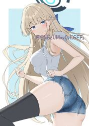 1girl absurdres adversarial_noise alternate_costume armpit_peek ass bare_arms black_thighhighs blonde_hair blue_archive blue_background blue_eyes blue_halo blue_ribbon blue_shorts blue_streaks blush border braid breasts casual closed_mouth commentary cowboy_shot curled_fingers denim denim_shorts drawstring earrings expressionless fingernails foreshortening from_below hair_ribbon half_up_braid halo hand_on_own_hip highres hood hood_down hoodie jewelry long_hair looking_at_viewer looking_back medium_breasts multicolored_hair outside_border pocket ribbon short_shorts shorts sleeveless sleeveless_hoodie solo streaked_hair stud_earrings thighhighs thighs toki_(blue_archive) torn_clothes torn_shorts twitter_username very_long_hair white_border white_hoodie yamano_rokamizu
