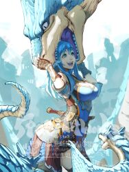 1girl 5tatsu armored_gloves black_thighhighs blue_eyes blue_hair breasts cleavage cleavage_cutout clothing_cutout cowboy_shot dragon elbow_pads fingerless_gloves gloves gold_trim hair_between_eyes head_in_mouth highres large_breasts long_hair looking_up open_mouth original sharp_teeth smile teeth thighhighs twitter_username weapon weapon_on_back