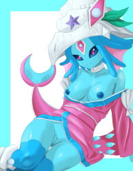 1girl ariemon bare_shoulders black_sclera blue_border blue_hair blue_skin border breasts breasts_out cleavage collarbone colored_sclera colored_skin digimon digimon_(creature) highres japanese_clothes kimono medium_breasts nipples off_shoulder omeka_gamma panties pink_eyes pink_kimono simple_background solo underwear white_background white_panties