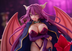 1girl ;d absurdres alma_elma animal_ears apron arm_under_breasts black_corset black_dress black_panties blurry blurry_background bookmark breasts bridal_gauntlets cleavage cloak commentary_request cool-kyou_shinja corset cowboy_shot demon_girl demon_horns demon_tail demon_wings dress facial_tattoo fangs figure fingernails grey_horns hair_between_eyes hand_on_own_thigh highleg highleg_panties highres horns large_breasts leg_tattoo long_hair looking_at_viewer mon-musu_quest! navel official_art one_eye_closed open_mouth panties photo_(medium) pink_tail pink_wings promotional_art purple_bridal_gauntlets purple_hair red_eyes second-party_source slit_pupils smile solo tail tattoo underwear very_long_hair wide_hips wind wings
