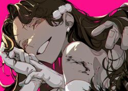 1girl 1other bare_shoulders brown_hair commentary_request earrings elbow_gloves gloves highres holding_another&#039;s_hair jewelry kunyamon_busy long_hair looking_at_viewer out_of_frame own_hands_together pink_background simple_background smile solo_focus teeth upper_body white_gloves zuutto_issho_(kitani_tatsuya)