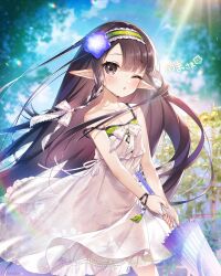 1girl bad_tag black_hair blurry blurry_background blush breasts brown_eyes child collarbone commission commissioner_name dress flower frilled_dress frilled_hairband frills hair_flower hair_ornament hair_ribbon hairband holding holding_umbrella long_hair long_pointy_ears looking_at_viewer munlu_(wolupus) one_eye_closed open_mouth outdoors pointy_ears ribbon sen_no_rikyuu_(sengoku_bushouki_muramasa) sengoku_bushouki_muramasa signature skeb_commission small_breasts solo sweat umbrella very_long_hair white_dress white_ribbon