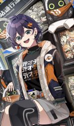 1girl bangboo_(zenless_zone_zero) belle_(zenless_zone_zero) black_hair black_jacket black_shirt black_thighhighs blue_hair blush breasts character_request corin_wickes earrings ellen_joe eous_(zenless_zone_zero) grace_howard green_eyes hair_between_eyes hair_ornament highres jacket jewelry koleda_belobog letter_hair_ornament long_sleeves looking_at_viewer necklace open_mouth shiba_(tonari_no_shiba_inu) shirt short_hair shorts single_thighhigh smile solo thighhighs von_lycaon white_shorts zenless_zone_zero