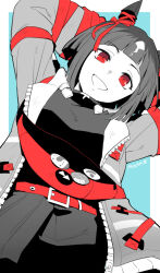 Rule 34 | 1girl, animal ears, arms up, artist name, badge, belt, blue background, border, breasts, button badge, commentary request, ear ornament, horse ears, horse girl, limited palette, long sleeves, medium breasts, mukakin, multicolored hair, open mouth, outside border, red belt, red eyes, short hair, skirt, smile, solo, standing, streaked hair, sweater, transcend (umamusume), umamusume, upper body, white border, zipper