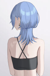 1girl absurdres black_bra blue_hair bow bow_earrings bra commentary criss-cross_back-straps earrings english_commentary facing_away from_behind grey_background highres hololive hoshimachi_suisei jewelry median_furrow medium_hair o-e331 simple_background solo underwear upper_body virtual_youtuber wolf_cut