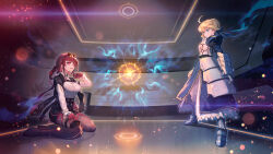 2girls ahoge armor armored_boots armored_dress artoria_pendragon_(fate) black_jacket black_pantyhose black_shirt black_shorts blonde_hair blue_dress boots braid braided_bun breastplate breasts chest_harness closed_mouth commentary_request crossover dress eyewear_on_head fate/stay_night fate/unlimited_blade_works fate_(series) faulds full_body gauntlets glasses gloves green_eyes grin hair_bun hand_on_own_thigh hand_up harness high-waist_shorts honkai:_star_rail honkai_(series) indoors jacket jacket_on_shoulders kafka_(honkai:_star_rail) lack large_breasts long_hair long_sleeves looking_at_another multiple_girls no_pupils pantyhose pantyhose_under_shorts pince-nez purple_eyes purple_gloves purple_hair reflective_floor round_eyewear saber_(fate) science_fiction shirt short_hair shorts single_thigh_boot sitting smile standing sunglasses thigh_boots wariza white_shirt