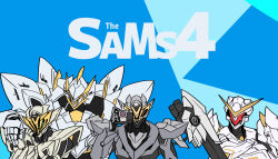 1boy 3girls ar-1368_(honkai:_star_rail) ar-214_(honkai:_star_rail) ar-53935_(honkai:_star_rail) armor blue_background camera crossed_arms firefly_(honkai:_star_rail) hand_on_another&#039;s_shoulder holding holding_camera honkai:_star_rail honkai_(series) multiple_girls nabeiro_kin parody power_armor pun sam_(honkai:_star_rail) shoulder_cannon the_sims v-fin
