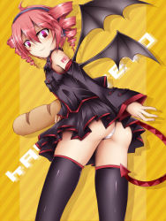 1girl ass bread detached_sleeves drill_hair female_focus food kasane_teto kasane_teto_(utau) looking_back panties red_hair shimo_(depthbomb) solo thighhighs twin_drills twintails underwear upskirt utau vocaloid wings