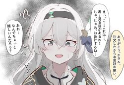 1girl ? ?? black_hairband black_jacket blue_ribbon blush collared_shirt firefly_(honkai:_star_rail) fuiba_blue green_pupils grey_hair hair_between_eyes hair_intakes hair_ornament hair_ribbon hairband highres honkai:_star_rail honkai_(series) jacket multicolored_eyes open_mouth ribbon shirt solo speech_bubble sweatdrop thought_bubble two-tone_eyes white_background white_shirt