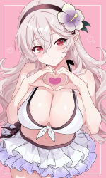 1girl absurdres bikini bikini_skirt black_hairband blush breasts cleavage female_corrin_(fire_emblem) female_corrin_(novice_vacationer)_(fire_emblem) fire_emblem fire_emblem_fates fire_emblem_heroes flower grey_hair hair_between_eyes hair_flower hair_ornament hairband heart heart_hands highres large_breasts long_hair looking_at_viewer n_54 navel nintendo official_alternate_costume pointy_ears red_eyes sideboob skindentation solo stomach sweat sweatdrop swimsuit thighs white_bikini white_hair