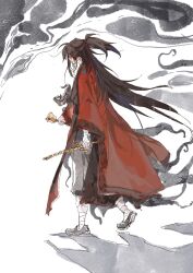 1boy absurdres bandaged_arm bandaged_hand bandaged_leg bandaged_neck bandages bell black_hair black_hanfu black_shoes black_smoke brown_hair chinese_clothes chinese_commentary closed_mouth coat coin coin_mask coin_sword colored_smoke creature dao_gui_yi_xian eyeball from_side full_body hair_ribbon half_updo hanfu highres holding holding_bell holding_sword holding_weapon holed_coin kdsne li_huowang li_sui_(tentacles) long_hair long_sleeves looking_to_the_side male_focus mask mouth_veil pants ponytail profile red_coat red_eyes red_ribbon ribbon robe shoes smoke solo standing sword tentacles veil very_long_hair walking weapon white_background wide_sleeves you_laoye