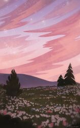 Rule 34 | cloud, cloudy sky, daisy (flower), field, flower, flower field, landscape, meadow, mountainous horizon, no humans, original, outdoors, painterly, pink theme, scenery, sky, sunset, tree, zandra