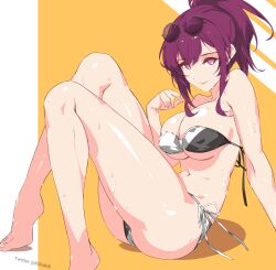 Rule 34 | 1girl, artist name, bare shoulders, barefoot, bikini, blonde hair, breasts, female focus, highres, honkai: star rail, honkai (series), kafka (honkai: star rail), kili kilio, large breasts, ponytail, purple eyes, purple hair, shiny skin, sitting, smile, sunglasses on head, swimsuit, twitter username, wet