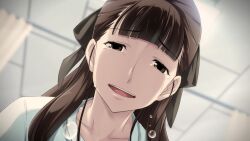 1girl aged_down black_ribbon blunt_bangs blurry blurry_background brown_eyes brown_hair casual ceiling collarbone crying crying_with_eyes_open curtains flying_teardrops from_below fukuda_tomonori game_cg hair_ribbon happy_tears highres hospital long_hair looking_at_viewer official_art open_mouth ponytail pov ribbon robotics;notes senomiya_misaki shiny_eyes shirt solo streaming_tears t-shirt tears teeth tile_ceiling tiles tongue upper_teeth_only white_shirt