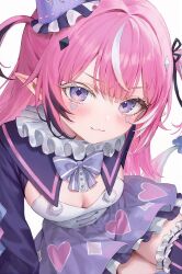 1girl :3 black_streaks blush bow bowtie breasts camila_(vtuber) cleavage cleavage_cutout clothing_cutout diamond-shaped_pupils diamond_(shape) double-parted_bangs dress foame from_above highres indie_virtual_youtuber long_hair looking_at_viewer mini_party_hat multicolored_hair pink_hair pointy_ears purple_bow purple_bowtie purple_dress purple_eyes purple_skirt purple_thighhighs short_twintails sidelocks skirt small_breasts solo streaked_hair symbol-shaped_pupils thighhighs twintails two-tone_dress virtual_youtuber white_streaks