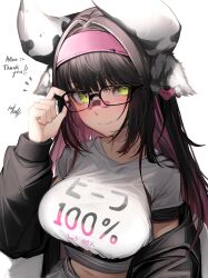 1girl absurdres adjusting_eyewear animal_ears arrow_(symbol) bandaid bandaid_on_face bandaid_on_nose black-framed_eyewear black_hair black_jacket blush breasts closed_mouth clothes_writing colored_inner_hair commentary commission commissioner_upload cow_ears cow_girl crop_top cropped_shirt ear_ornament english_commentary glasses green_eyes hairband hand_up heart heart_ear_ornament highres jacket large_breasts long_hair long_sleeves looking_at_viewer multicolored_hair navel notice_lines off_shoulder original pink_hair pink_hairband rectangular_eyewear second-party_source shirt short_sleeves signature simple_background skeb_commission smile solo streaked_hair tab_head thank_you two-tone_hair upper_body wavy_mouth white_background white_shirt