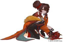 1girl 87yanagi alternate_costume alternate_hairstyle android black_boots boots brown_hair chinese_clothes commentary_request copyright_notice double_bun earrings from_side full_body fur-trimmed_jacket fur_trim hair_bun hand_up highres holding holding_mask hololive jacket jewelry lace-up_boots long_sleeves looking_at_viewer mask mechanical_arms mechanical_legs official_art oni_mask orange_jacket parted_lips platform_boots roboco-san roboco-san_(oriental-style_battle) short_hair simple_background solo squatting virtual_youtuber white_background wide_sleeves yellow_eyes