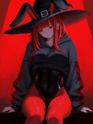 Rule 34 | 1girl, animal ears, black leotard, black shrug, blunt bangs, commentary, ear piercing, english commentary, fake animal ears, hat, highleg, highleg leotard, highres, leotard, long hair, long sleeves, original, pantyhose, piercing, playboy bunny, rabbit ears, rabbit tail, red background, red eyes, red hair, red pantyhose, shrug (clothing), sitting, solo, tail, val (yan kodiac), witch hat, yan kodiac