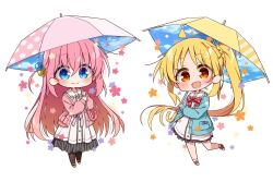 2girls :d ahoge black_pantyhose blonde_hair blue_eyes blue_jacket blush bocchi_the_rock! bow bowtie chibi chibi_only chika_(06chimika13) closed_mouth collared_dress commentary_request cube_hair_ornament dress full_body gotoh_hitori hair_between_eyes hair_ornament holding holding_umbrella ijichi_nijika jacket long_hair long_sleeves looking_at_viewer multiple_girls one_side_up open_clothes open_jacket open_mouth pantyhose pink_hair pink_umbrella red_bow red_bowtie red_eyes red_shoes shoes side_ponytail sidelocks simple_background smile socks standing standing_on_one_leg umbrella very_long_hair white_background white_dress white_socks yellow_shoes yellow_umbrella