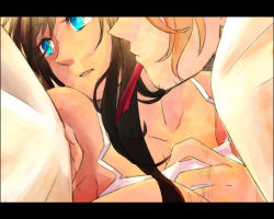 1boy 1girl axis_powers_hetalia az0212 bad_id bad_pixiv_id blonde_hair blue_eyes brown_hair couple facial_hair france_(hetalia) goatee_stubble hair_ribbon hetero letterboxed long_hair ribbon seychelles_(hetalia) stubble