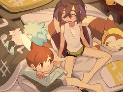 2boys :d barefoot blue_shirt brown_eyes brown_hair closed_eyes closed_mouth commentary_request crossed_bangs cup florian_(pokemon) furret futon gen_2_pokemon green_male_underwear hair_between_eyes highres indoors kieran_(pokemon) long_sleeves lying male_focus male_underwear mole mole_on_neck multiple_boys nintendo on_stomach open_mouth pillow pokemon pokemon_(creature) pokemon_sv quaxly shirt short_hair sitting sleeveless sleeveless_shirt smile suikaels table tatami toes underwear white_shirt