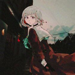 Rule 34 | 1girl, adversarial noise, aoi (byb babylon), aqua neckerchief, black choker, black gloves, bob cut, brown dress, choker, colored inner hair, commentary request, cowboy shot, diagonal bangs, dress, gloves, half gloves, hasu no sora school uniform, highres, inverted bob, link! like! love live!, long sleeves, looking at viewer, love live!, multicolored hair, neckerchief, o-ring, o-ring choker, outdoors, parted lips, photo background, red eyes, red hair, sailor collar, sailor dress, school uniform, short hair, solo, streaked hair, virtual youtuber, white hair, white sailor collar, wide-eyed, winter uniform, yugiri tsuzuri