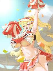 Rule 34 | 1girl, absurdres, arm up, armpits, belt, blonde hair, blush, breasts, cheerleader, clay (nikke), confetti, goddess of victory: nikke, gooridium, hair ornament, hairclip, highleg, highleg panties, highres, holding, holding pom poms, long hair, looking at viewer, midriff, navel, panties, panty straps, pom pom (cheerleading), pom poms, red eyes, red skirt, side-tie panties, skirt, sleeveless, solo, sweat, two-tone tank top, underboob, underwear, visor cap, whistle, whistle around neck