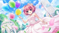 1girl :d arch armpit_crease balloon bare_arms bare_shoulders blue_eyes blue_sky breasts bridal_veil bride choker church cloud cloudy_sky day dot_nose dress dutch_angle film_grain floral_arch floral_print flower from_below game_cg gloves hair_intakes hiiragi_kae holding holding_balloon izumi_tsubasu large_breasts lens_flare looking_at_viewer non-web_source official_art open_mouth orange_flower orange_rose outdoors pagoda partially_fingerless_gloves pink_choker pink_dress pink_flower pink_gloves pink_hair pink_rose re:stage! rose short_hair sky smile solo sparkle strapless strapless_dress tree veil wedding wedding_dress