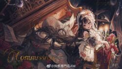 1girl ahoge apple apron artist_name bare_shoulders black_dress black_hair black_nails bow calligraphy candle chair choker collarbone commentary commission dress eyelashes eyeliner eyeshadow fingernails flower food frilled_apron frilled_sleeves frills fruit grand_piano grey_eyes hair_bow hair_flower hair_ornament headdress highres instrument jewelry light_particles light_smile lolita_fashion long_dress long_hair looking_to_the_side maccha_(mochancc) makeup mascara mole mole_under_eye multicolored_hair nail_polish necklace on_chair original parted_lips pearl_necklace petticoat piano pleated_dress red_flower red_ribbon red_rose ribbon rose scar scar_on_arm sheet_music short_sleeves solo streaked_hair swept_bangs symbol-only_commentary tsurime very_long_hair watermark weibo_watermark white_apron white_bow white_hair wind window