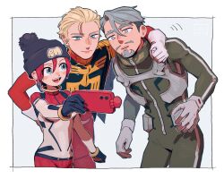 1girl 2boys amate_yuzuriha aqua_eyes beanie beard blonde_hair blue_eyes border challia_bull char_aznable cowboy_shot epaulettes erm_nkcn facial_hair green_eyes green_hair grey_background gundam gundam_gquuuuuux hair_slicked_back hat high_collar highres holding holding_phone jacket long_sleeves mecha_pilot_suit military_jacket military_uniform multiple_boys mustache open_mouth phone pom_pom_(clothes) pom_pom_beanie red_hair red_jacket selfie short_hair simple_background smile white_border