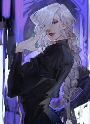 Rule 34 | 1girl, black dress, braid, braided bangs, braided ponytail, dress, hair over face, hair over one eye, highres, jujutsu kaisen, long hair, long sleeves, looking at viewer, mei mei (jujutsu kaisen), one eye covered, puffy sleeves, red lips, shatukawa, smile, solo, tight clothes, tight dress, turtleneck, turtleneck dress, white hair
