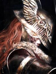 Rule 34 | 1girl, absurdres, armor, black background, cape, elden ring, fur-trimmed cape, fur trim, gold armor, helmet, highres, long hair, malenia blade of miquella, portrait, profile, prosthesis, prosthetic arm, red hair, red lips, scar, scar on face, solo, winged helmet, xa8uofivf2mcart