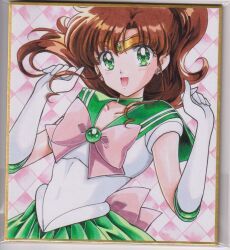 1girl bishoujo_senshi_sailor_moon bow brown_hair choker collarbone earrings elbow_gloves flower_earrings gloves green_choker green_eyes green_sailor_collar green_skirt hair_bobbles hair_ornament highres jewelry kino_makoto long_hair multiple_girls pink_bow ponytail sailor_collar sailor_jupiter skirt smile user_kztc4472 white_gloves