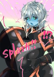 1boy 1girl anasteria armor black_sclera blue_skin blush breasts breasts_squeezed_together censored clothed_paizuri colored_sclera colored_skin cum ejaculation gauntlets green_eyes grey_hair grim_dawn hetero highres huge_breasts kodainosinpi large_breasts open_mouth paizuri paizuri_over_clothes short_hair shoulder_pads surprised