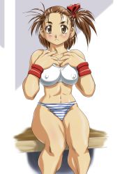 1girl :c abs blush bra breasts brown_eyes brown_hair covered_erect_nipples female_focus highres hinokawa_jun izumo_ryoko large_breasts muscular muscular_female one_side_up panties short_hair side_ponytail sitting snk solo sports_bra striped_clothes striped_panties thick_thighs thighs underwear underwear_only world_heroes wristband