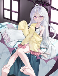 1girl absurdres barefoot blue_archive feet highres hina_(blue_archive) light_blush long_hair looking_at_viewer parted_lips purple_eyes soles toes weeyi white_hair