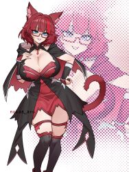Rule 34 | 1girl, absurdres, animal ears, artist name, black thighhighs, blue eyes, borrowed character, breasts, cleavage, collarbone, commission, hand on own chest, highres, large breasts, looking at viewer, multicolored hair, nokaa aru, original, over-kneehighs, parted lips, rectangular eyewear, red-framed eyewear, red hair, semi-rimless eyewear, short hair, smile, solo, streaked hair, tail, thick thighs, thighhighs, thighs, under-rim eyewear