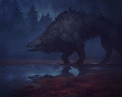 animal_focus commentary english_commentary giant giant_monster jpeg_artifacts monster night no_humans open_mouth outdoors painterly pine_tree puddle ryan_bittner scenery scp-682 scp_foundation solo tree water