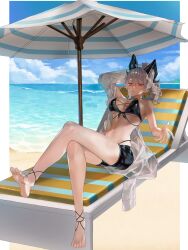1girl absurdres alternate_costume bare_shoulders barefoot beach_chair beach_umbrella black_horns black_shorts breasts charismaing commentary crossed_legs curled_horns feet grey_hair hair_between_eyes highres horns large_breasts long_hair looking_at_viewer navel ocean open_clothes open_shirt outdoors red_eyes relaxing shirt shorts soles solo stomach toes umbrella white_shirt wuthering_waves zani_(wuthering_waves)