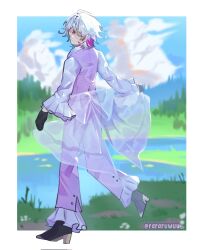 1boy alternate_costume artist_name back_bow black_gloves black_shoes blue_hair blue_sky blurry blurry_background border bow closed_eyes closed_mouth cloud cloudy_sky commentary day frilled_pants frilled_sleeves frills from_behind full_body gavis_bettel gloves grass high_heels highres holding holding_bow_(ornament) holostars holostars_english long_sleeves looking_back male_focus multicolored_hair outdoors outside_border pants pink_hair purple_pants purple_vest rararuwuu river see-through_bow shirt shoes short_hair sky smile solo symbol-only_commentary tree twitter_username vest virtual_youtuber white_border white_bow white_hair white_shirt wide_sleeves
