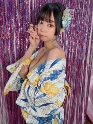 1girl aoyama_hikaru bare_shoulders black_hair breasts cleavage collarbone curtains from_side hair_ornament highres indoors japanese_(nationality) japanese_clothes kimono large_breasts lipstick looking_at_viewer makeup off_shoulder photo_(medium) real_life short_hair standing