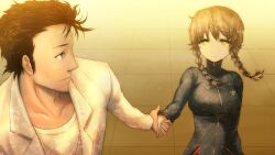 Rule 34 | 1boy, 1girl, adam&#039;s apple, amane suzuha, beard stubble, black hair, blue jacket, braid, breast pocket, breasts, brown hair, closed mouth, coat, collarbone, couple, eye contact, facial hair, fingernails, floating hair, game cg, grey eyes, hair between eyes, hair tie, hetero, high collar, highres, holding hands, huke, jacket, lab coat, lapels, long sleeves, looking at another, looking back, medium breasts, messy hair, notched lapels, object in pocket, official art, okabe rintarou, on rooftop, outdoors, outstretched arm, pen in pocket, pocket, ringed eyes, rooftop, shirt, smile, square pupils, standing, steins;gate, stubble, sunset, t-shirt, tile floor, tiles, track jacket, twin braids, twintails, white coat, white shirt, yellow eyes, zipper, zipper pull tab