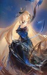 1girl absurdres alternate_costume arknights arm_up armpits bare_shoulders bird blonde_hair blue_bird blue_dress blue_eyes blunt_bangs breasts chinese_commentary chunbuchou cleavage collarbone commentary_request dress feet_up hair_ornament half-closed_eyes highres horns long_dress long_hair looking_up nightingale_(arknights) outstretched_arm parted_lips sitting small_breasts solo star_(sky) very_long_hair