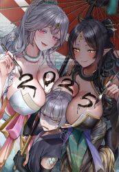 1boy 2girls absurdres black_hair black_kimono breast_press breasts calligraphy_brush cleavage dark-skinned_female dark_skin fangs green_nails hair_ornament heterochromia highres holding holding_calligraphy_brush holding_paintbrush holding_umbrella japanese_clothes kimono large_breasts long_hair multiple_girls open_mouth original paint_on_body paintbrush pointy_ears red_eyes red_nails red_umbrella snake standing symmetrical_docking umbrella watermark white_hair white_kimono yayoi_maka yellow_eyes